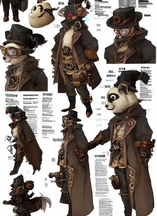 Image similar to a steampunk panda, character concept, character reference sheet. By Makoto Shinkai, Stanley Artgerm Lau, WLOP, Rossdraws, James Jean, Andrei Riabovitchev, Marc Simonetti, krenz cushart, Sakimichan, trending on ArtStation, digital art.