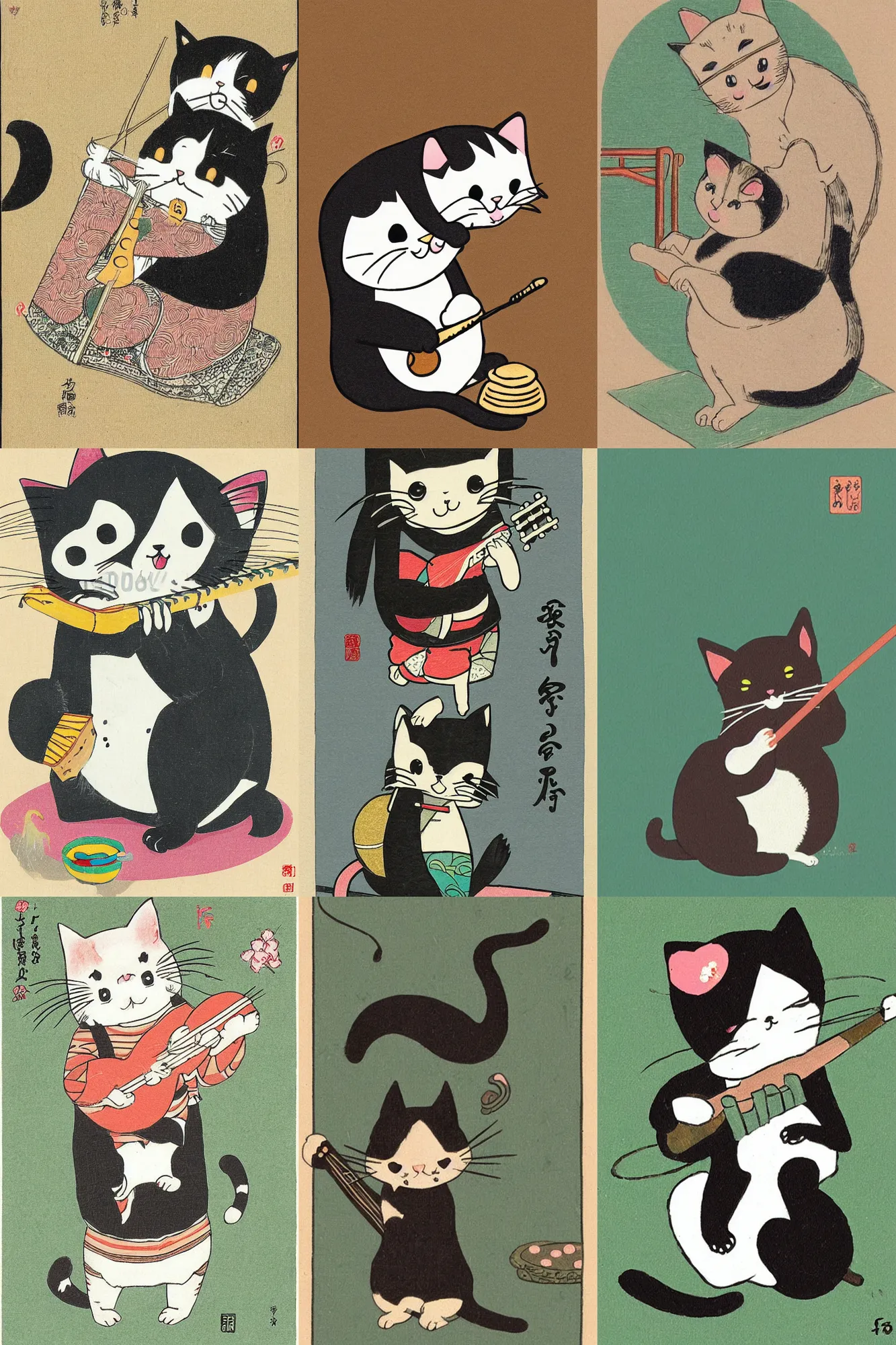 Prompt: Kawaii illustration of a cat playing gutair, japanese chibi