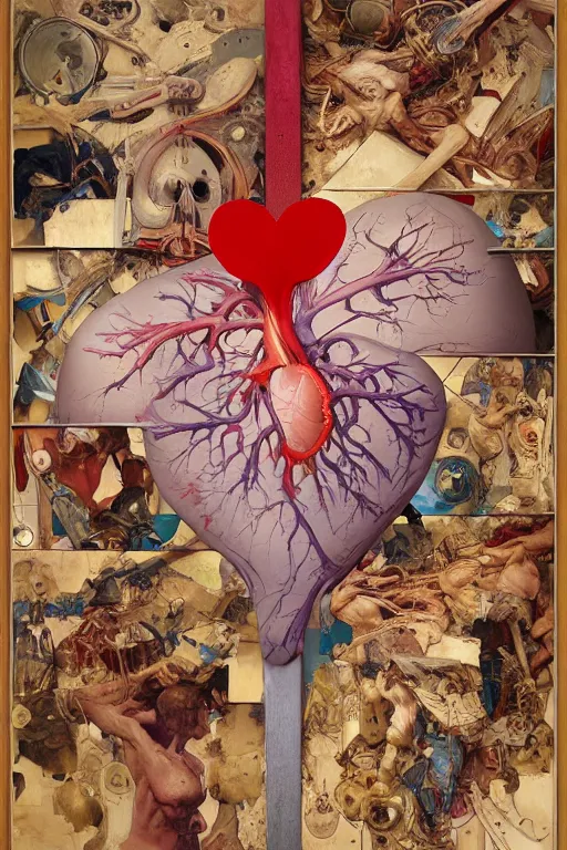 Prompt: accurate anatomical heart imagined as painting palette, wood boart palette, paintbrushes, paint mix, painted by ruan jia, raymond swanland, lawrence alma tadema, zdzislaw beksinski, norman rockwell, jack kirby, tom lovell, alex malveda, greg staples, artgerm, greg rutkowski and alphonse mucha