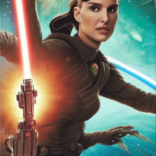 Prompt: Natalie portman holding a star wars laser gun while falling from space, in style of Doom, in style of Midjourney, insanely detailed and intricate, golden ratio, elegant, ornate, unfathomable horror, elite, ominous, haunting, matte painting, cinematic, cgsociety, Andreas Marschall, James jean, Noah Bradley, Darius Zawadzki, vivid and vibrant