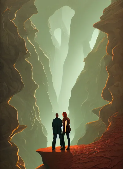 Prompt: Twin Peaks poster artwork by Michael Whelan and Tomer Hanuka, Karol Bak, Rendering of The Strange Love of Canyon-Shaped Bodies, Matte painting, trending on artstation and unreal engine