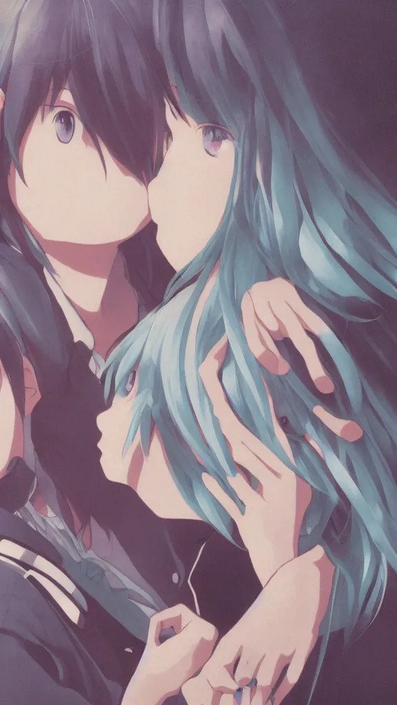 Image similar to a high detail portrait of Hatsune Miku hugging a young man by Makoto Shinkai, by BUNBUN, CLIP STADIO, mad painting