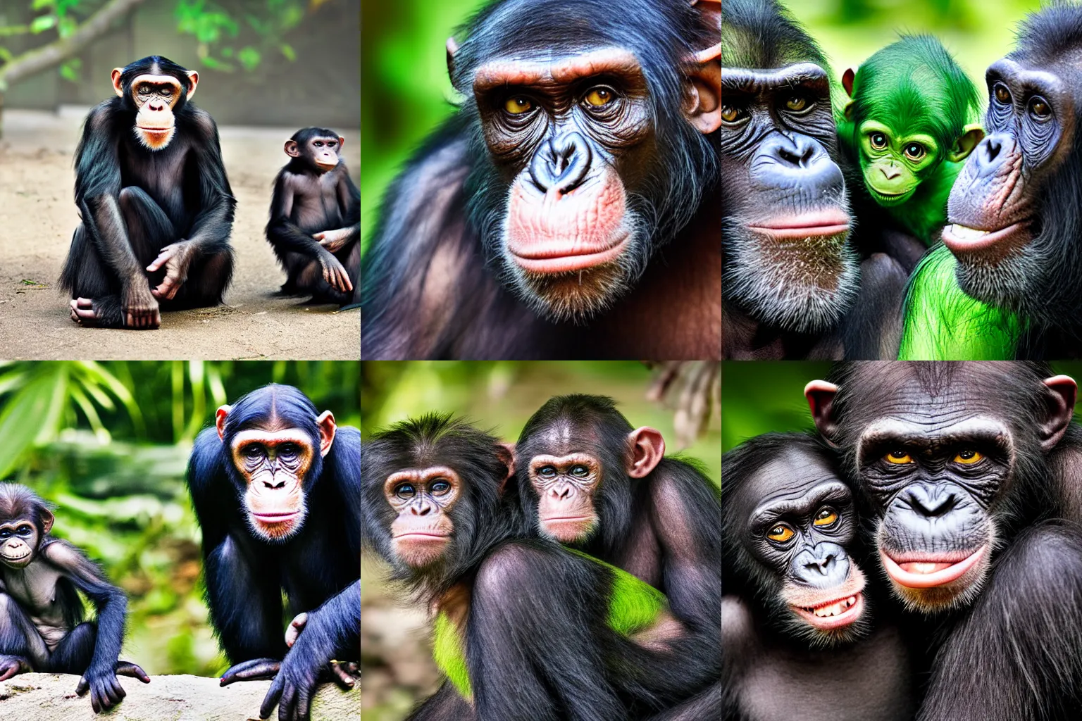 Prompt: portrait photo of the green goblin chimpanzee family