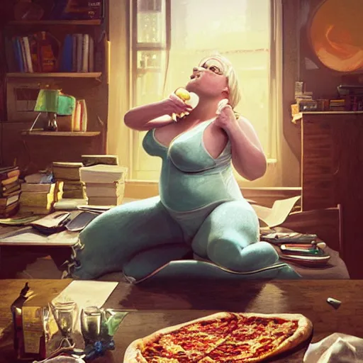 Image similar to a very fat margot robbie sitting in a messy room and burping because she ate too much pizza and junk food, green gas coming from her mouth, fantasy art, illustration, amazing detail, in the style of greg rutkowski, artgerm, cgsociety