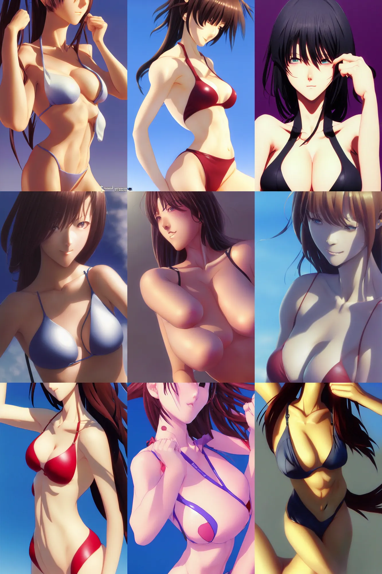 Prompt: close - up, accurately shaped face, volumetric light, posing in bikini. by takashi takeuchi, yoshiyuki sadamoto, amagaitaro, makoto shinkai, krenz cushart, asao urata, pixiv. 9 0 s