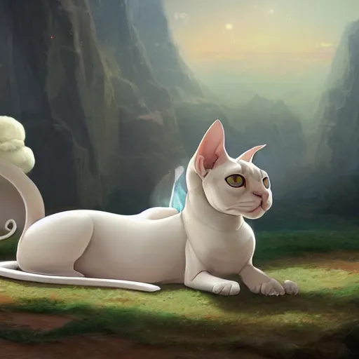 Prompt: beautiful egyptian sphynx cat and white fluffy cat, by Makoto Shinkai and thomas kinkade, Matte painting, trending on artstation and unreal engine