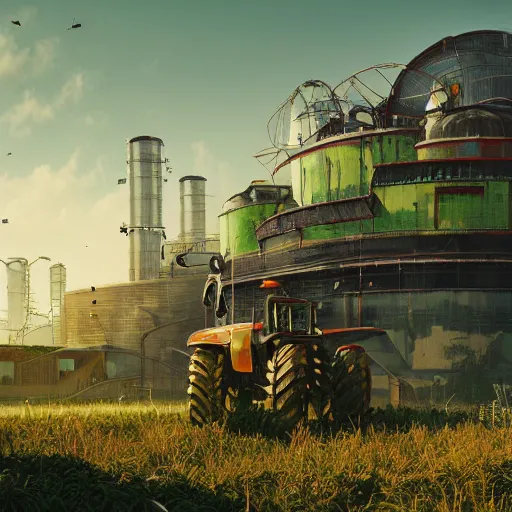 Image similar to fully detailed landscape of a cyberpunk farm , watertank, futuristic tractors, farmhouse, mushroom, overgrowth, Ai , in the future, high quality, 8k , octane render, trending on artstation , greg rutowski