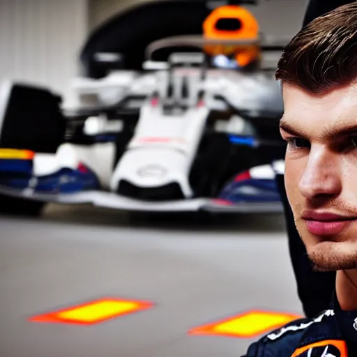 Image similar to close up of max verstappen in the mercedes f 1 factory, dramatic shot, great photography, ambient light, l