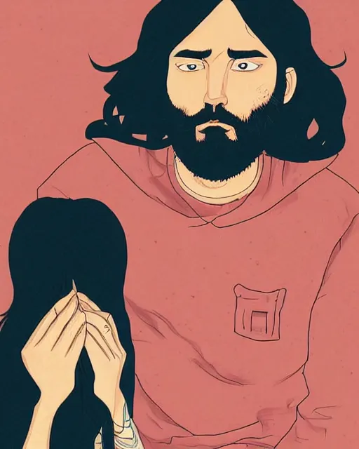 Image similar to portrait of an unkle blue moon with long black hair and beard, by tomer hanuka