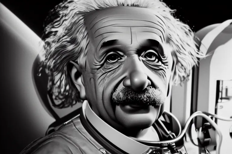 Image similar to still photo of albert einstein in spacesuit, highly detailed, photorealistic shot, bright studio setting, studio lighting, crisp quality and light reflections, unreal engine 5 quality render