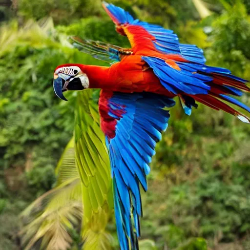 Prompt: golden red and blue macaw flying, amazon in the background, sentient bird, dawn