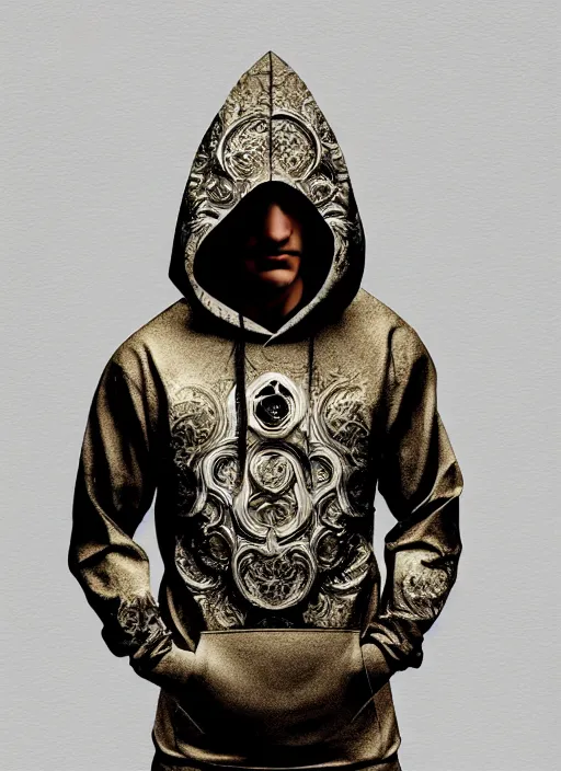 Image similar to guy with hoodie hiding on papercraft, realistic, surealism, lavish, steep, aesthetic, extravagant, shiny, fantasy, intricate, elegant, extremely higly detailed, digital painting, artstation, ornate, grotesque, baroque, concept art, smooth, sharp focus, full body focus, street wear digital art