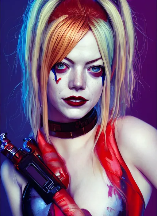 Prompt: cyberpunk portrait of emma stone as harley quinn, hyper detailed, digital art, trending in artstation, cinematic lighting, studio quality, smooth render, unreal engine 5 rendered, octane rendered, art style by klimt and nixeu and ian sprigger and wlop and krenz cushart.