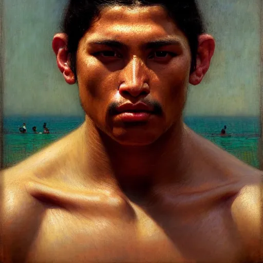 Image similar to a realistic portrait of a good - lookiung chicano swimmer,, high detail, cleary see face, by gaston bussiere, bayard wu, greg rutkowski, odd nerdrum, maxim verehin, dan dos santos, masterpiece, sharp focus, cinematic lightning - h 7 6 8