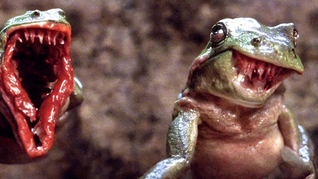 Prompt: an anthropomorphic frog with a mouth full of sharp teeth laughing maniacally, a satanic ritual, by Brian Froud and John Carpenter, movie still directed by Ridley Scott and cinematography by Roger Deakins