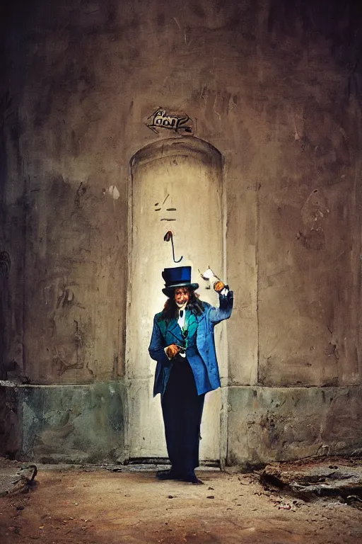 Prompt: a beautiful portrait of the Mad Hatter taken by Steve Mccurry