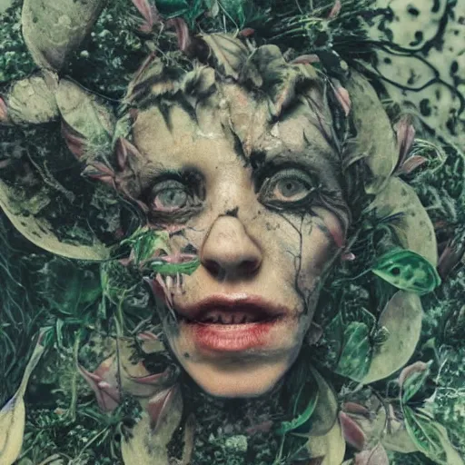 Image similar to a beautiful detailed front view portrait of a rotten woman corpse with fractal plants and fractal flowers growing around, volumetric light, beautiful lit, polaroid photography