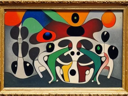 Image similar to oil painting of strange beings in a temple, Joan Miro