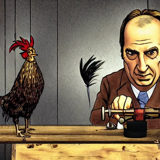 Prompt: saul goodman and a rooster in a saw movie torture chamber, torture devices in the background, saul goodman, rooster, photo