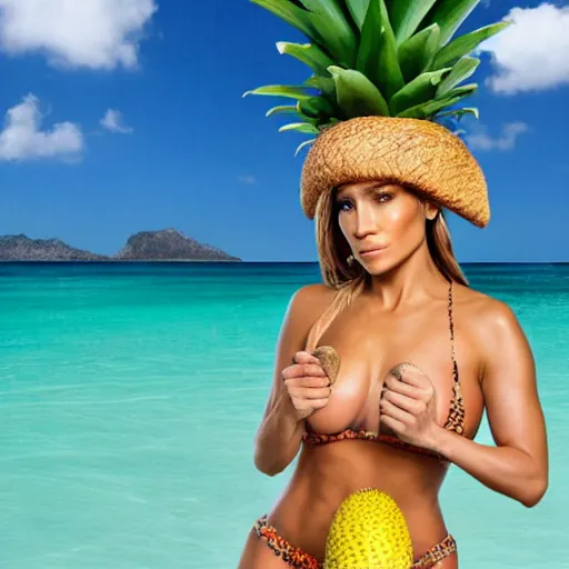 Image similar to j - lo, with two coconuts bikini and a pineapple as a hat, professional photography, photoshop