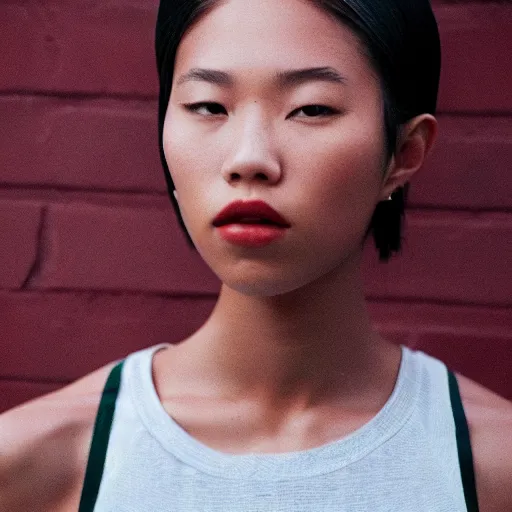 Image similar to realistic! photoshoot for a new nike lookbook, color film photography, portrait of a beautiful asian!! woman, photo in style of tyler mitchell, 35mm