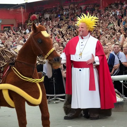 Prompt: guy fieri dressed as the pope, standing on a horse, the horse is staring at him, the crowd is filled with muppets, award winning photo,