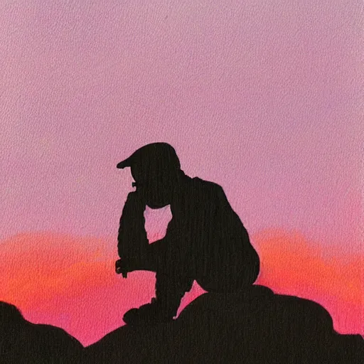 Prompt: A painting of a silhouette of Kanye West sitting on a hill by the sunset by Shinji Arakami, dreamy, pink skies, cloudy, melancholic, anime, cool, Ghibli-style, disney-style, extremely detailed