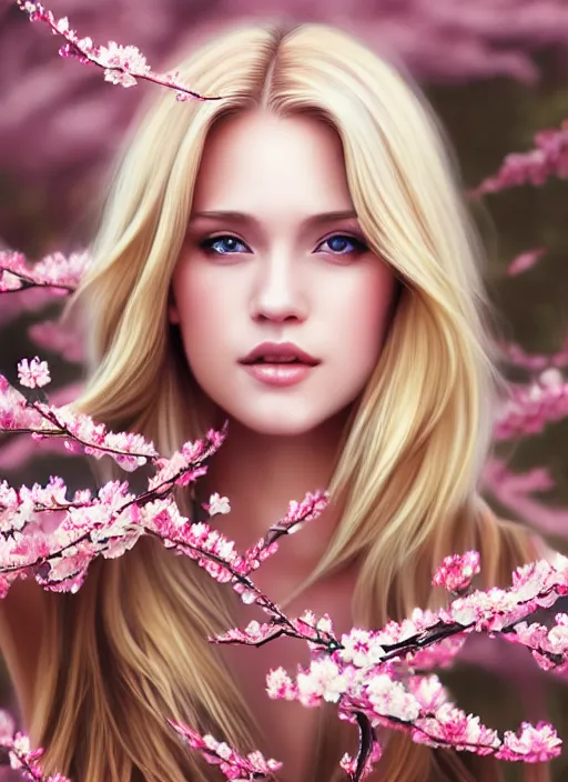 Image similar to photo of a gorgeous blonde female in the style of stefan kostic, realistic, half body shot, sharp focus, 8 k high definition, insanely detailed, intricate, elegant, art by stanley lau and artgerm, extreme blur cherry blossoms background