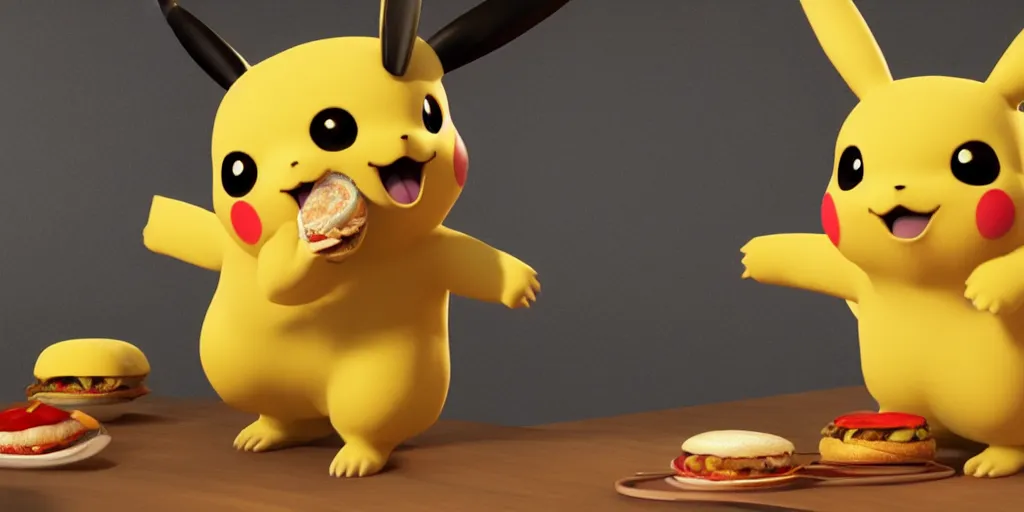 Prompt: a realistic Pikachu with furr eating a hamburger, digital art, close shot, highly detailed, hyperrealistic, photorealistic, unreal engine 5, made by a professional 3d artist, dynamic lighting, trending on artstation, 4k uhd, epic composition