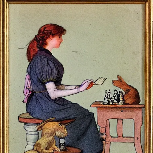 Image similar to a young edwardian woman playing chess against a rabbit, in the style of carl larsson