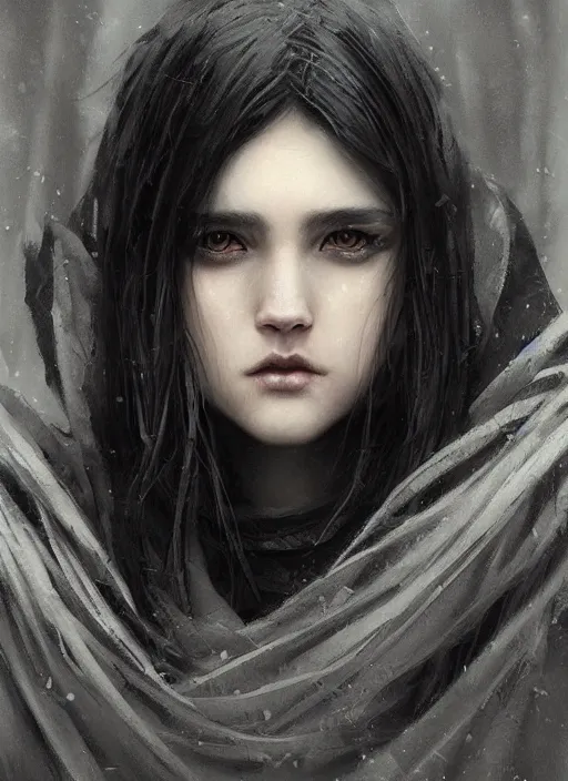 Image similar to a teenage girl with very short black hair and a huge cloak made of grey and black strips. mist swirls around her. beautiful highly detailed face. beautiful painting by artgerm and greg rutkowski and raymond swanland