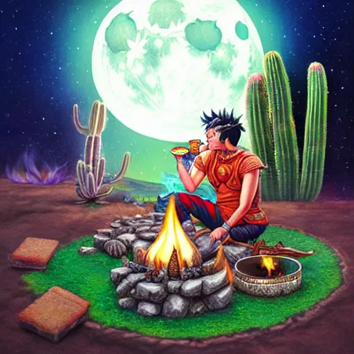 Prompt: richly detailed colored pencil 3 d illustration of spartan drinking tea at campfire with trichocereus background and smoke haze full moon ayahuasca peyote art by rossdraws range murata and artgerm fantasy