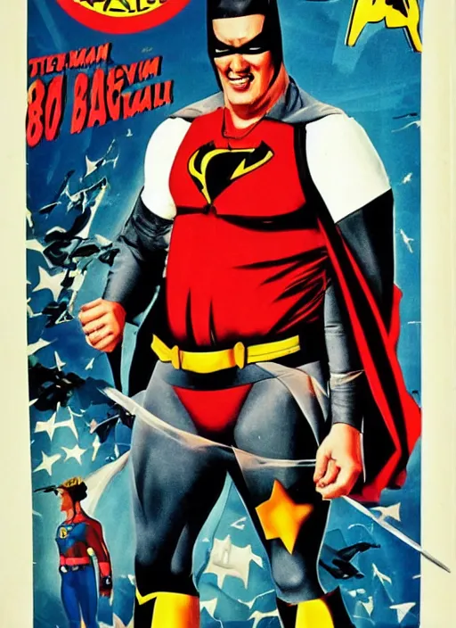 Image similar to an 8 0's john alvin superhero movie poster starring steven seagal as the character fat batman