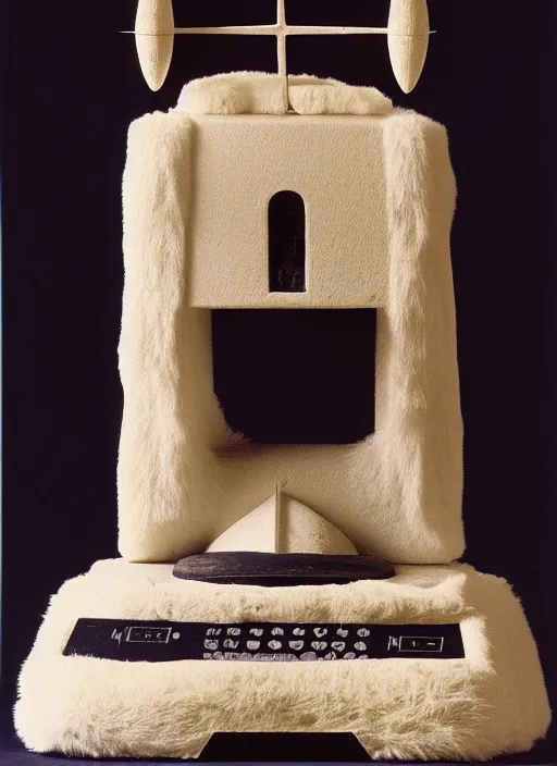 Image similar to realistic photo of a a medieval temple astronomy appliance phone, made of wood white clay fluffy fur black plastic 1 9 9 0, life magazine reportage photo, natural colors, metropolitan museum collection