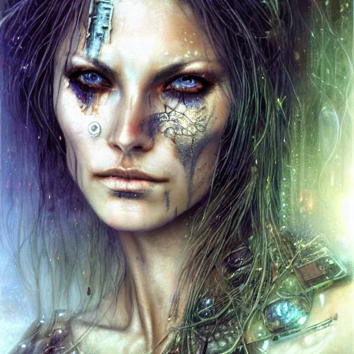 Image similar to an award finning closeup facial portrait by luis royo and john howe of a very beautiful and attractive female bohemian cyberpunk traveller aged 8 0 with green eyes and freckles in clothed in excessively fashionable cyberpunk gear and wearing ornate warpaint