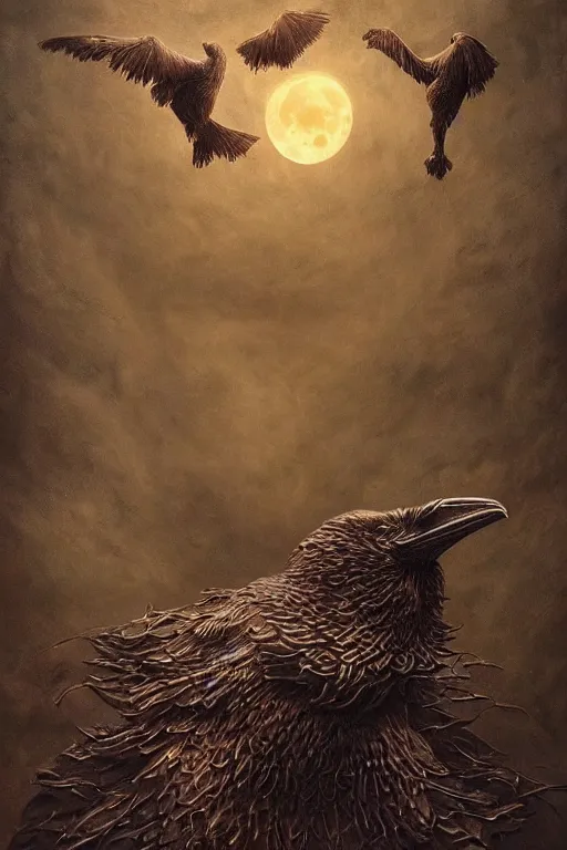 Image similar to Intricate stunning highly detailed surreal ravens by agostino arrivabene and Vladimir Kush, sculpture, ultra realistic, Horror, dramatic lighting, full moon, blood moon, thick swirling particle smoke tornado, fire embers, trending on artstation