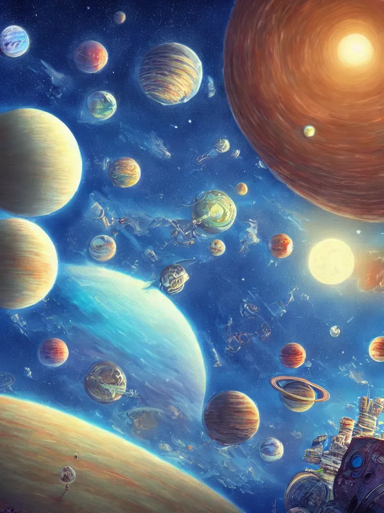 Image similar to detailed concept art of a fantastic space city on a tiny planet with multiple little moons and maybe some cute satellites against a breathtaking sky, by dr seuss and bob ross