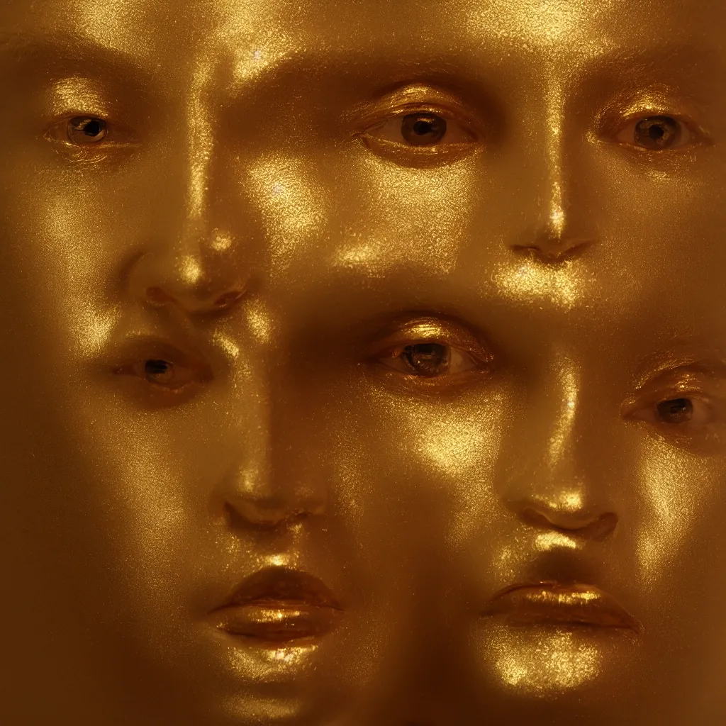 Image similar to human face made from gold ornaments, portrait, studio lightning, octane render, volumetric lighting, art by billelis, hyper detailed