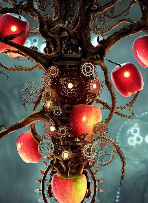 Image similar to intricate mechanical translucent apples with visible gears and components inside, growing off a tree, on the background of a weird magical mechanical forest. Very detailed 8k. Fantasy cyberpunk horror. Sharp. Cinematic post-processing