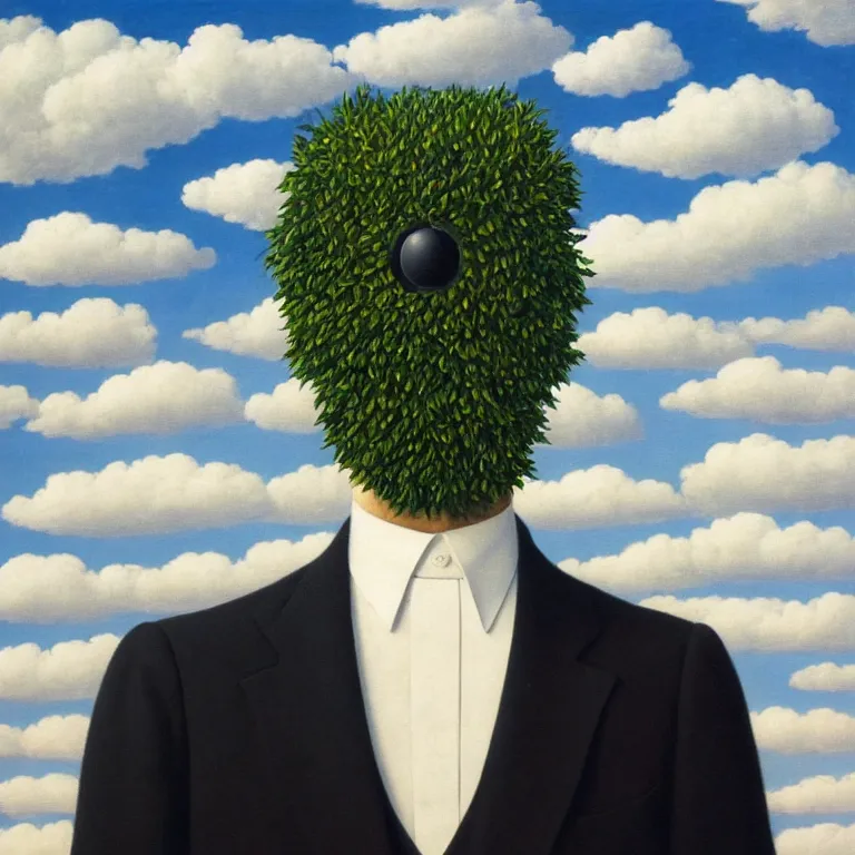 Image similar to portrait of a faceless beautiful flower - head man in a suit, clouds in the background, by rene magritte, detailed painting, distance, middle centered, hd, hq, high resolution, high detail, 4 k, 8 k