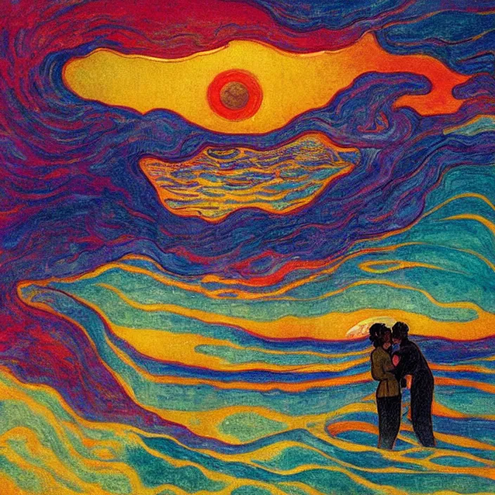 Image similar to close view of woman and man kissing.. tsunami great wave, sun setting through the storm clouds. iridescent, vivid psychedelic colors. painting by munch, agnes pelton, egon schiele, henri de toulouse - lautrec, utamaro, monet