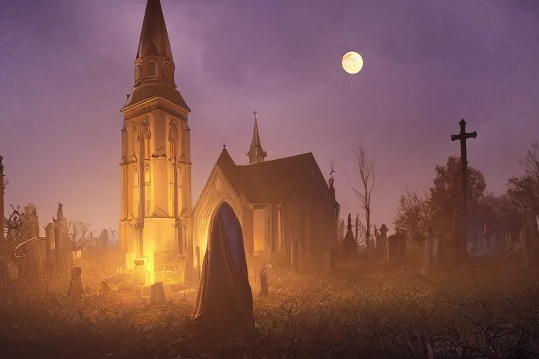 Image similar to an ultra detailed animation of a church steeple in a graveyard at midnight on halloween, digital art, dark fantasy, concept art, soulslike, by alphonse mucha, blood moon eclipse, ruined building in the background, artstation, 8 k, unreal engine render