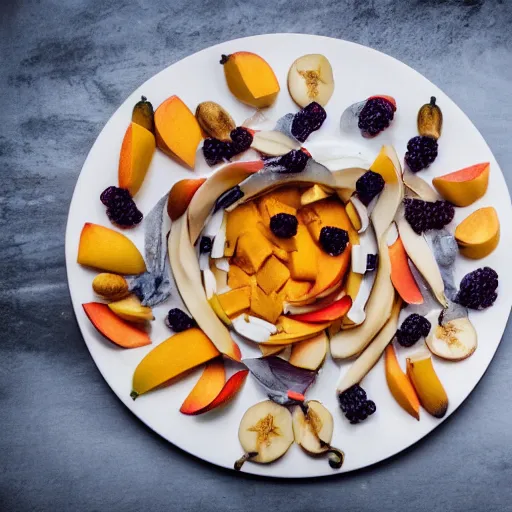 Prompt: beautiful photo of a sailing ship made from mango, bananas and apple pieces on a white plate, dslr