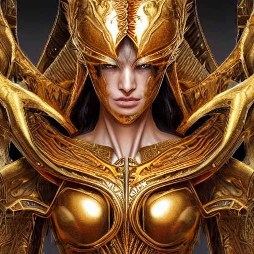 Prompt: a beautiful symmetrical muscular body wearing an armor made of golden ornaments and gems by alex gray and android jones , Karol Bak, Ayami Kojima, Amano , concept art, character design, fantasy,3D, 8k resolution
