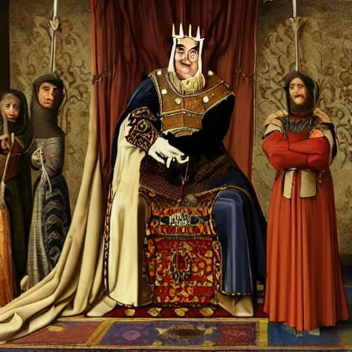 Prompt: A still of Mr. bean depicted as a medieval king on a throne, renaissance oil painting