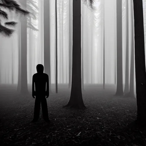 Image similar to shadow people in forest, staring at camera glowing white eyes, hyperrealistic, 8k, extremely detailed, black and white, foggy, grainy, very old