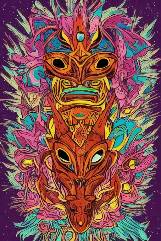 Image similar to animal mask totem roots flower tribal feather gemstone plant wood rock shaman vodoo video game vector cutout illustration vivid multicolor borderlands comics by josan gonzales and dan mumford radiating a glowing aura