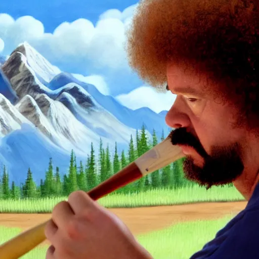 Image similar to a closeup photorealistic photograph of bob ross crafting an image of kenny powers autographing a baseball, painting on a canvas. mountains and trees. film still. brightly lit scene. this 4 k hd image is trending on artstation, featured on behance, well - rendered, extra crisp, features intricate detail, epic composition and the style of unreal engine.