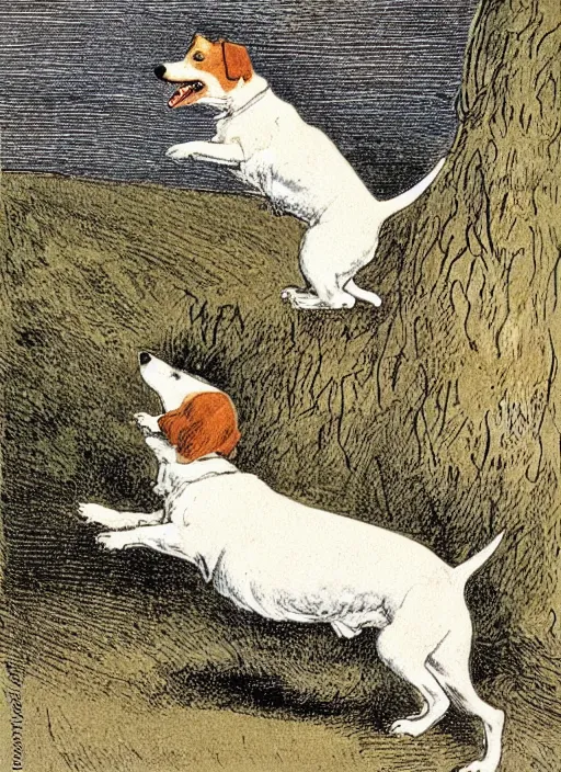 Prompt: candid portrait of a jack russel terrier howling up at the yellow moon, illustrated by peggy fortnum and beatrix potter and sir john tenniel