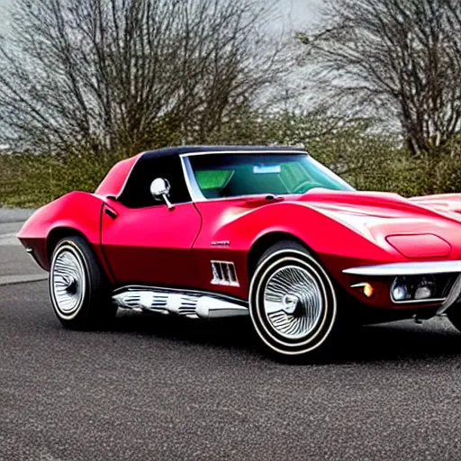 Prompt: A beautiful 1969 Corvette. ruby, emerald, black opal, diamond, precious metal, created using nanotechnology